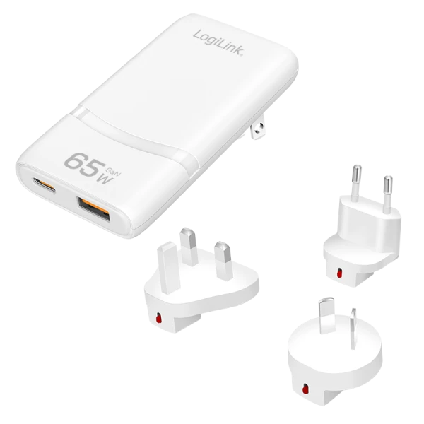 Logilink putni punjač sa dva USB GaN porta, tri adaptera EU / UK / AU, 65 W, slim