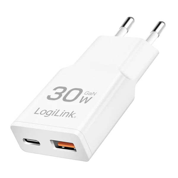 Logilink punjač 2 porta, 1 x USB type c, 1 x USB A, 30W, GaN, slim, bela