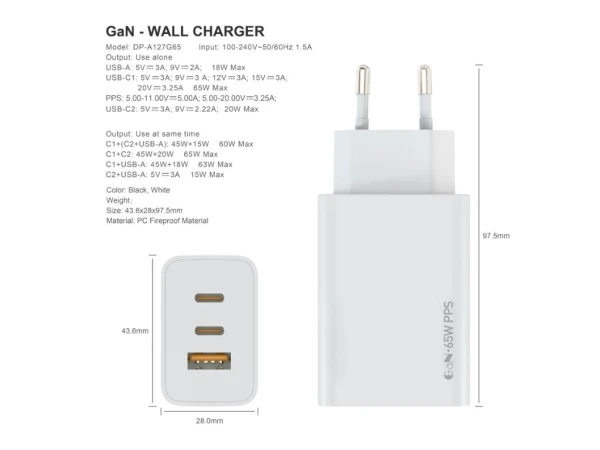 Zidni punjac FULMOVA GAN PD25Wbela sa USB-C kablom' ( 'AHDSC1229' ) 