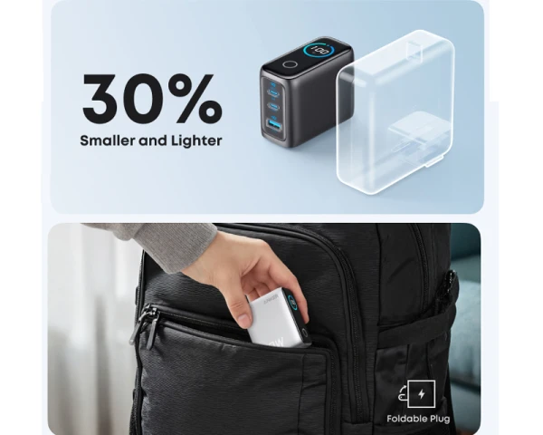 ANKER 100W GaN zidni brzi punjač, 3-porta (2x USB-C i 1x USB-A) sa USB-C MM pletenim kablom, tamno sivi 