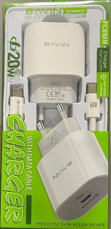 Bavin punjač 20W USB-C + kabl type-C 60W bela - PC851Y ( 90036 )