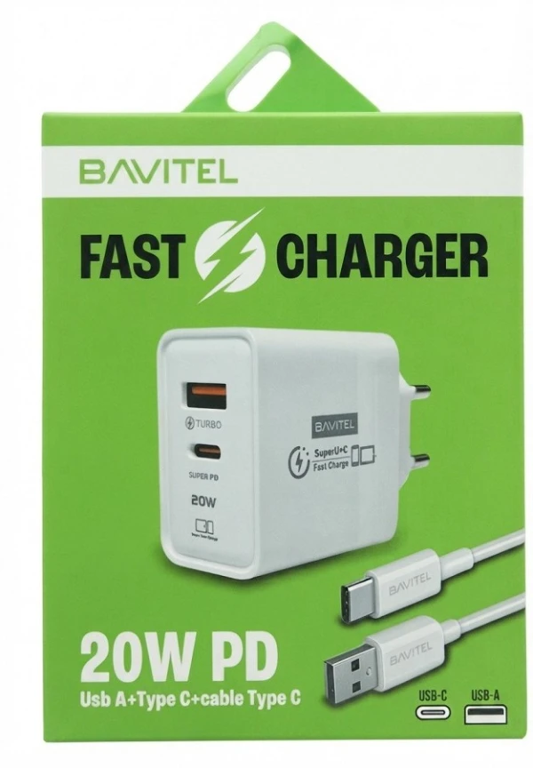 Bavitel punjač 20W PD Usb A+ Type C +kabl Usb A/ Type C bela ( 92012 )