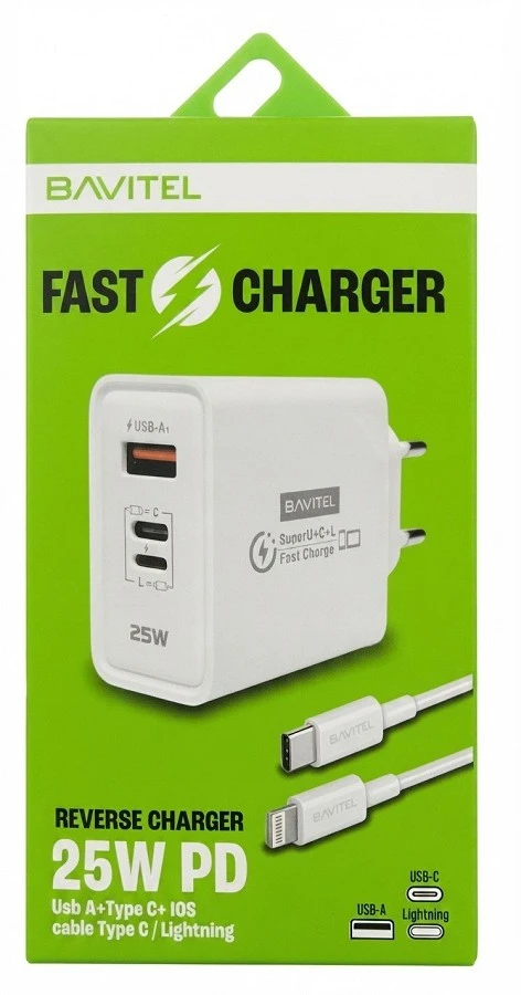 Bavitel punjač 25W Usb A+ Type C + Lightning port + kabl Type C/Lightning bela ( 92017 )