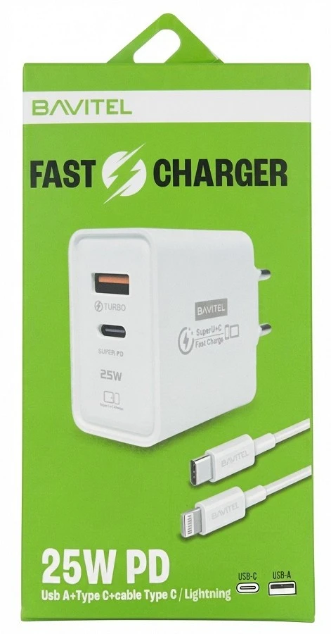 Bavitel punjač 25W Usb A+ Type C + kabl Type C/ Lightning bela ( 92018 )