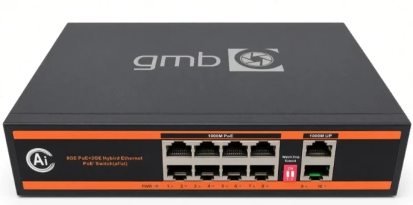 GMB POE GS1010P Switch,IEEE802.3af/at, 8 PoE 100/1000M, 2 UP-Link 100/1000M, 52V 120W, Support watch