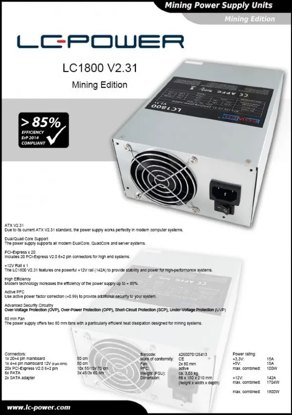 Napajanje 1800W LC Power LC1800 ATX V2.31 Mining Edition