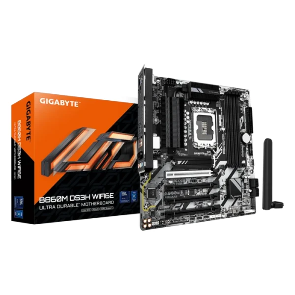 LGA1851, Intel B860 Express Chipset, 4x DDR5 DIMM, 1x PCIe 5.0 x16, 3x PCIe 4.0, 1x PCIe 5.0 M.2 Slot, 1x PCIe 4.0 M.2 Slot, 802.11ax Wi-Fi