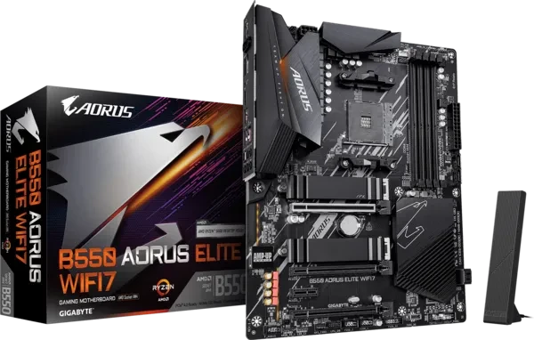 AM4, AMD B550 Chipset, 4 x DDR4 DIMM, Dual Ultra Fast NVMe PCIe 4.0/3.0 x4 M.2 with Dual Thermal Guards, 2.5GbE LAN & Wi-Fi 7 ( B550 AORUS 