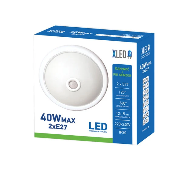 XLED 2*40W (E27) max Nadgradna okrugla LED plafonjera,dan/noc+PIR Sensor,Glass cover/Iron 300*90MM 