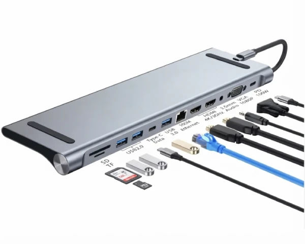 E-GREEN Multiport USB 3.1 tip C (M) - 2 x HDMI + VGA + 3 x USB 3.0 + 1 x tip C-(PD 100W) + USB 2.0 + 3.5mm + SD TF + RJ45 (F)1000 Mbps (12 