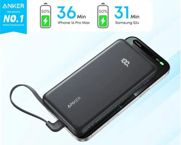 ANKER Zolo 20000mAh, 22.5W, sa ugrađenim USB-C kablom, Power Bank crni 