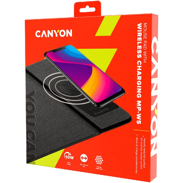 CANYON Mouse Mat with wireless charger, Input 5V2A,9V2A Output 5W7.5W10W, 324*244*6mm, USB Type C cable length 1m, Black, 220g ( CNS-CMPW5 