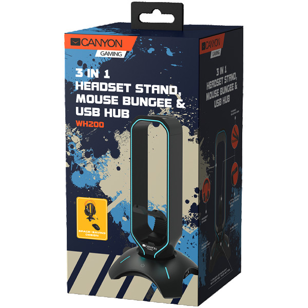 Gaming 3 in 1 Headset stand, Bungee and USB 2.0 hub, 2 USB hub, 1.5m standard USB to USB 5mm PVC cable, Weighted design with non-slip grip, (2)
