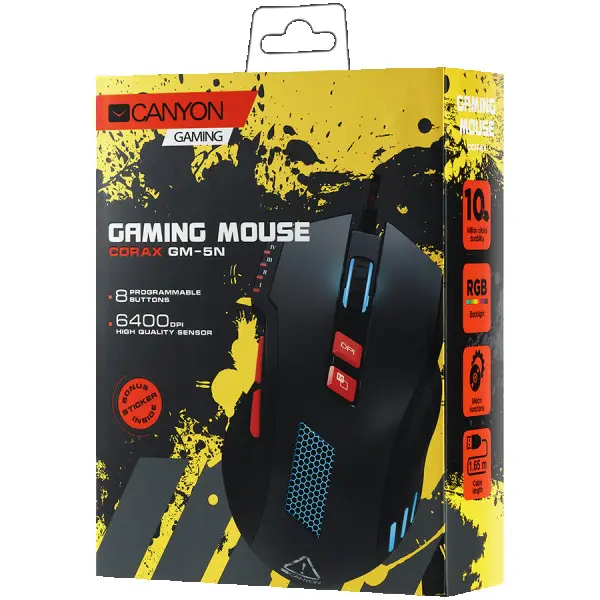 Wired Gaming Mouse with 8 programmable buttons, sunplus optical 6651 sensor, 4 levels of DPI default and can be up to 6400, 10 million time