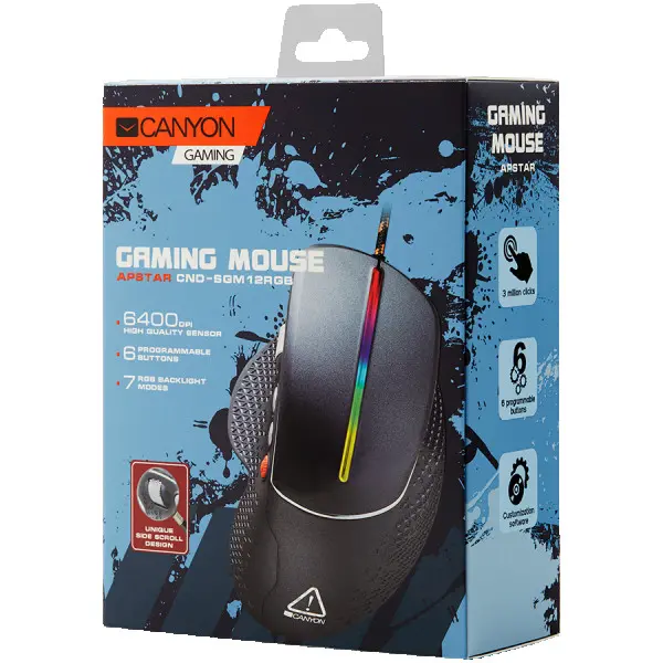 Wired High-end Gaming Mouse with 6 programmable buttons, sunplus optical sensor, 6 levels of DPI and up to 6400, 2 million times key life, 
