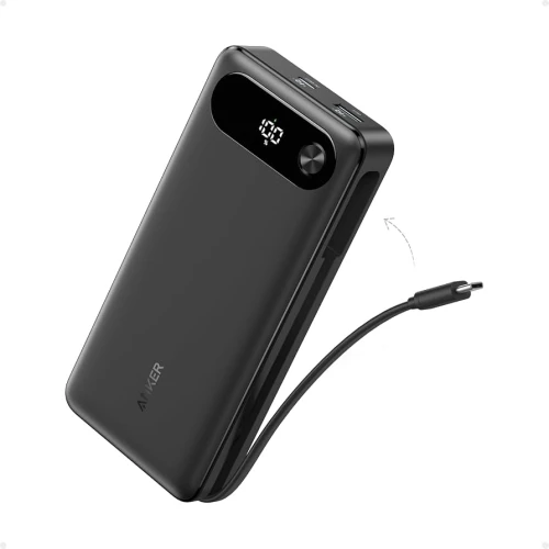 ANKER Power Bank 20000mAh, 87W, integrisan USB-C kabl, CRNI