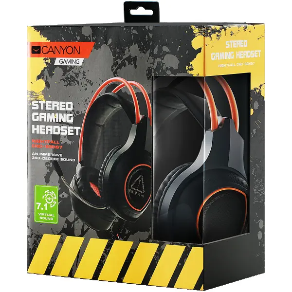 Canyon Gaming headset with 7.1 USB connector, adjustable volume control, orange LED backlight, cable length 2m, Black, 182*90*231mm, 0.336k