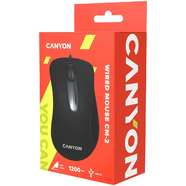 CANYON CM-2 Wired Optical Mouse with 3 buttons, 1200 DPI optical technology for precise tracking, black, cable length 1.5m, 108*65*38mm, 0.