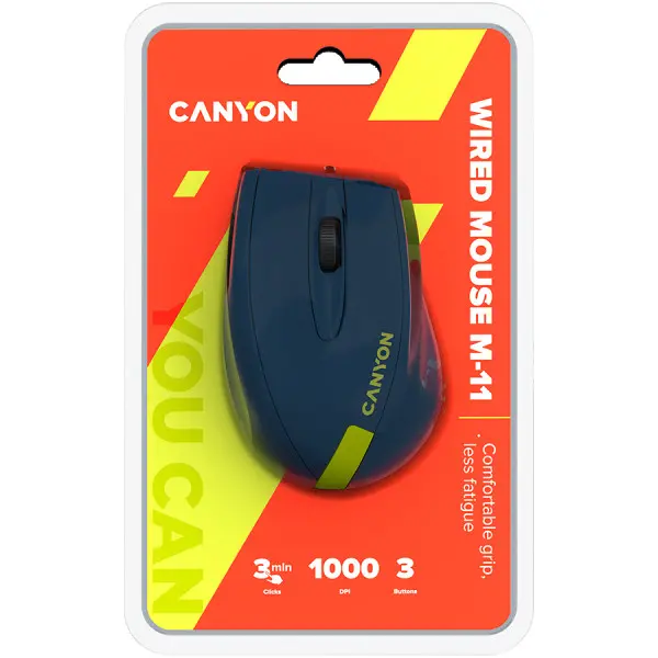 Wired Optical Mouse with 3 keys, DPI  1000 With 1.5M USB cable,Blue-Yellow ,size 68*110*38mm,weight:0.072kg ( CNE-CMS11BY ) 