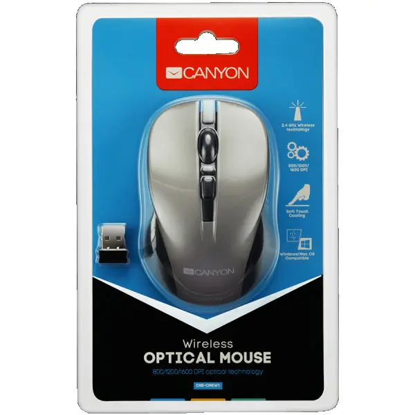 CANYON MW-1 2.4GHz wireless optical mouse with 4 buttons, DPI 80012001600, Gray, 103.5*69.5*35mm, 0.06kg ( CNE-CMSW1G ) 