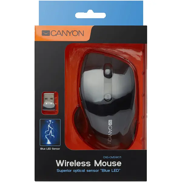 CANYON MW-01 2.4GHz wireless mouse with 6 buttons, optical tracking - blue LED, DPI 100012001600, Black pearl glossy, 113x71x39.5mm, 0.07kg