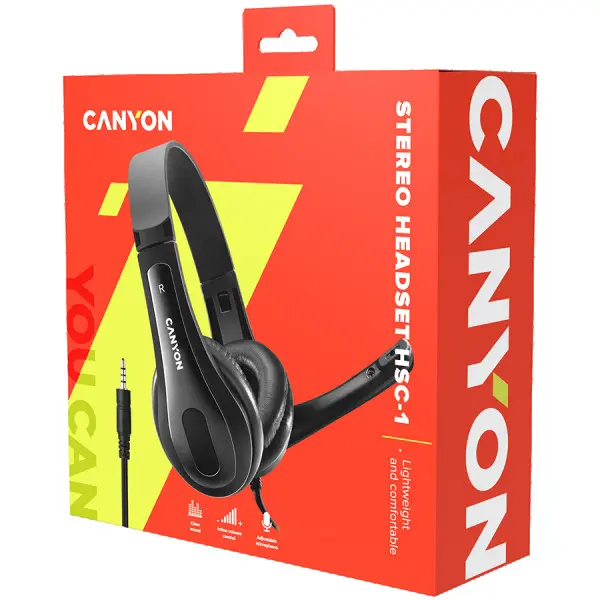 CANYON HSC-1 basic PC headset with microphone, combined 3.5mm plug, leather pads, Flat cable length 2.0m, 160*60*160mm, 0.13kg, Black ( CNS