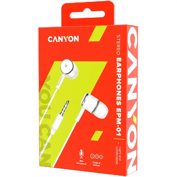 CANYON EPM- 01 Stereo earphones with microphone, White, cable length 1.2m, 23*9*10.5mm,0.013kg ( CNE-CEPM01W ) 