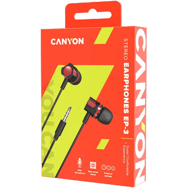 CANYON EP-3 Stereo earphones with microphone, Red, cable length 1.2m, 21.5*12mm, 0.011kg ( CNE-CEP3R ) 