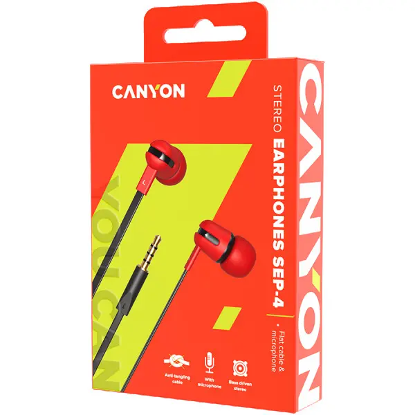 CANYON SEP-4 Stereo earphone with microphone, 1.2m flat cable, Red, 22*12*12mm, 0.013kg ( CNS-CEP4R ) 