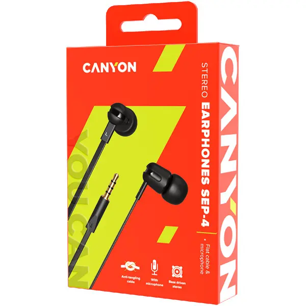 CANYON SEP-4 Stereo earphone with microphone, 1.2m flat cable, Black, 22*12*12mm, 0.013kg ( CNS-CEP4B ) 