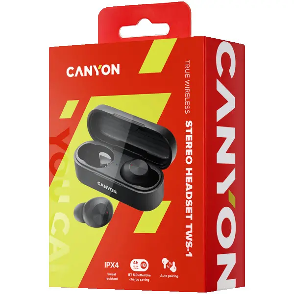 Canyon TWS-1 Bluetooth headset, with microphone, BT V5.0, Bluetrum AB5376A2, battery EarBud 45mAh*2+Charging Case 300mAh, cable length 0.3m