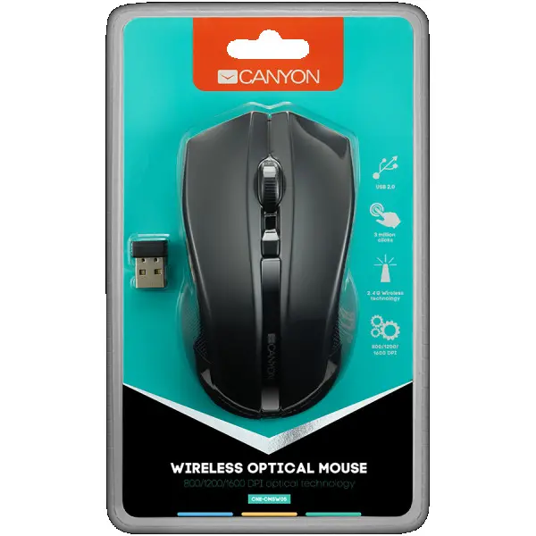 CANYON MW-5 2.4GHz wireless Optical Mouse with 4 buttons, DPI 80012001600, Black
