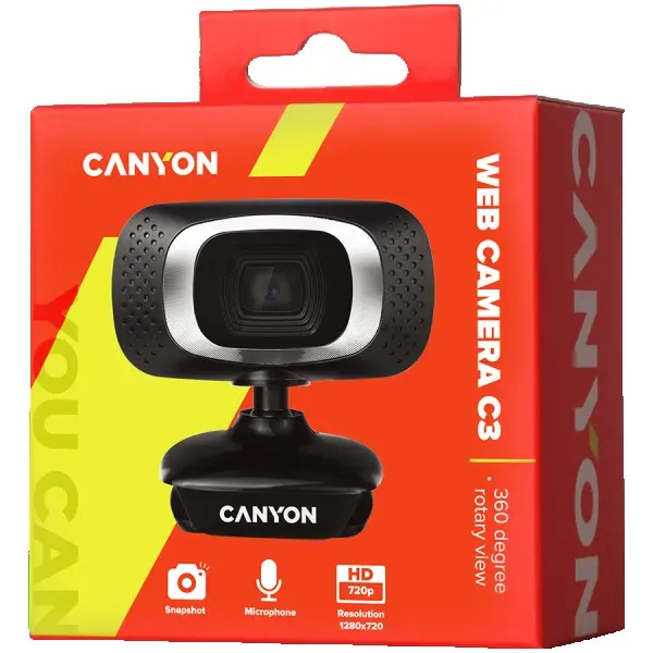 CANYON C3 720P HD webcam with USB2.0. connector, 360° rotary view scope, 1.0Mega pixels, Resolution 1280*720, viewing angle 60°, cable leng