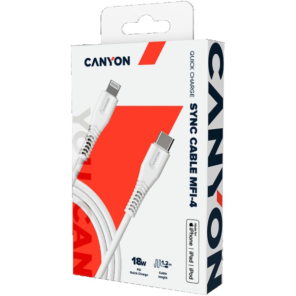 CANYON Type C Cable To MFI Lightning for Apple,  PVC Mouling,Function: with full feature( data transmission and PD charging) Output:5V2.4A,