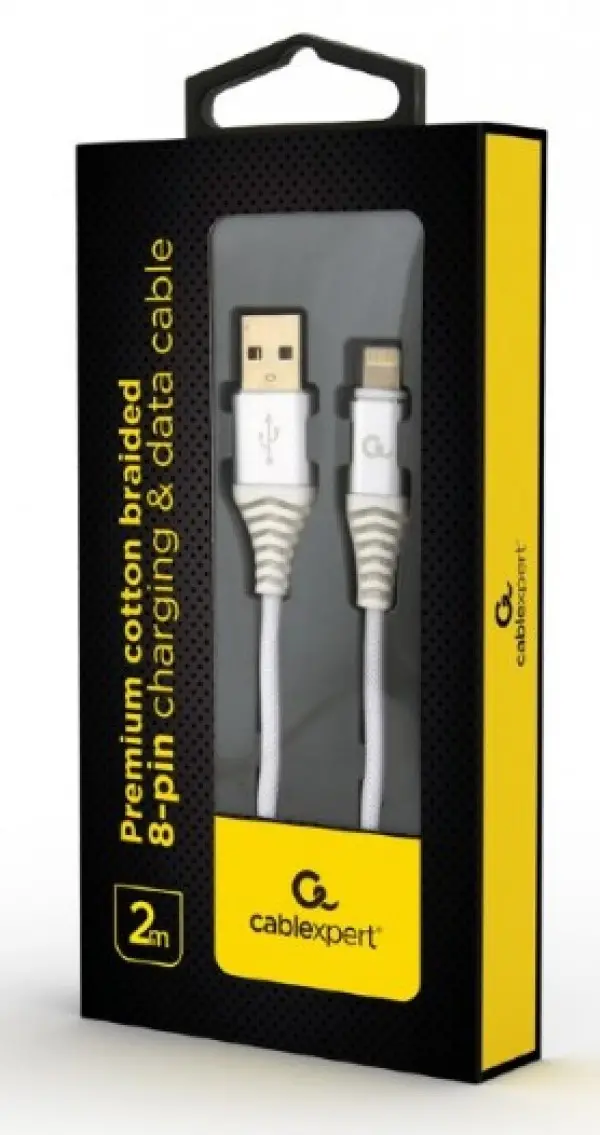 CC-USB2B-AMLM-2M-BW2 Gembird Premium cotton braided 8-pin charging and data cable, 2m, silver/white