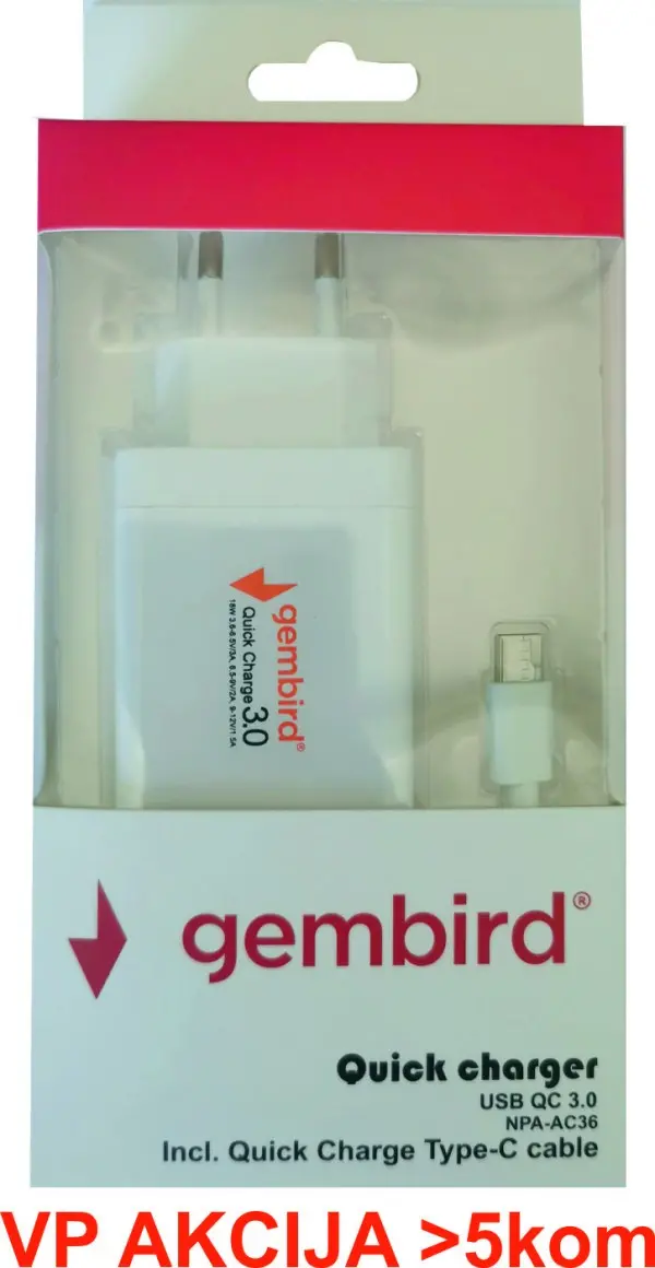 NPA-AC36 ** Gembird QC3.0 brzi punjac +Type C USB kabl,18W 3.6-6.5V/3A, 6.5V-9V/2A, 9V-12V/1.5A(383)