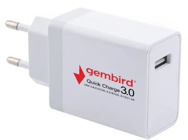NPA-AC36 ** Gembird QC3.0 brzi punjac +Type C USB kabl,18W 3.6-6.5V/3A, 6.5V-9V/2A, 9V-12V/1.5A(383)