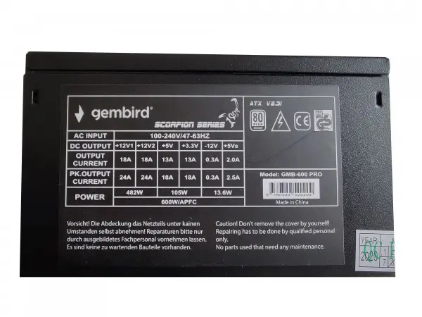 GMB-600-PRO* Gembird napajanje 600W 80+BRONZE, PFC,12cm FAN, 20+4pin, 2x4pin,2x 6+2pin, 5xSATA (3299