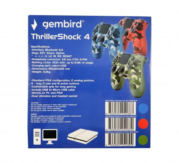 JPD-Wireless-Thrillershock PC/PS4 CAMO RED Gembird Bezicni gamepad sa dvostrukom vibracijom