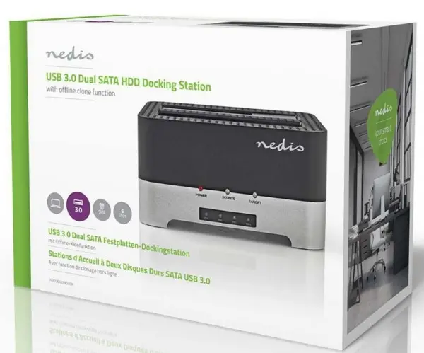 HDDUDB3300BK Nedis USB 3.0 DUPLI docking station za 2.5/3.5\'' SATA hard diskove, kloniranje, max 8TB