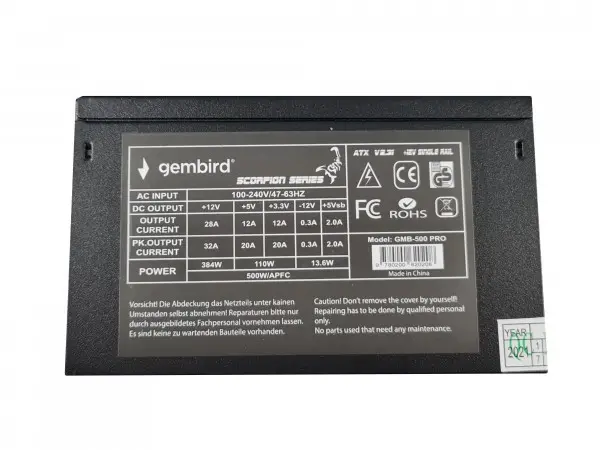 GMB-500-PRO * Gembird napajanje 500W 80+, PFC,12cm FAN, 20+4pin, 2x4pin, 6+2pin,