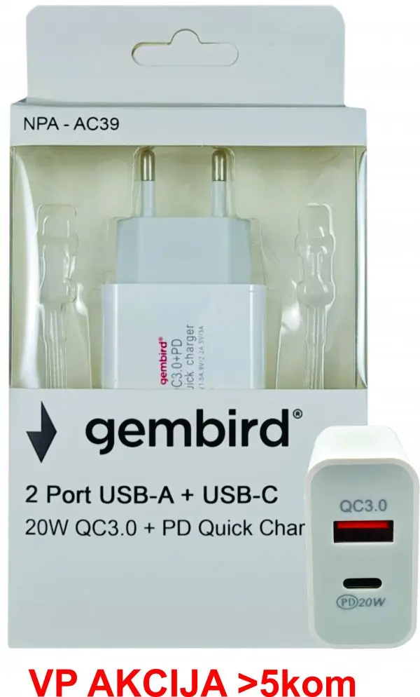 NPA-AC39 ** Gembird QC3.0 brzi punjac +Type C konektor,20W 3.6-6.5V/3A,6.5V-9V/2A, 9V-12V/1.5A (735)
