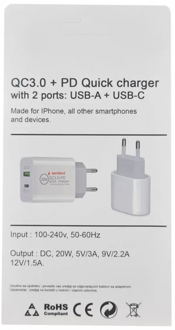 NPA-AC39 ** Gembird QC3.0 brzi punjac +Type C konektor,20W 3.6-6.5V/3A,6.5V-9V/2A, 9V-12V/1.5A (735)