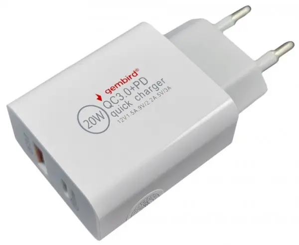 NPA-AC39 ** Gembird QC3.0 brzi punjac +Type C konektor,20W 3.6-6.5V/3A,6.5V-9V/2A, 9V-12V/1.5A (735)