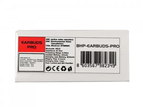 BHP-EARBUDS-PRO ** (ANC) Gembird bluetooth V5.0 slusalice, ANC/ENC noise r.16ohm, touch control(2399
