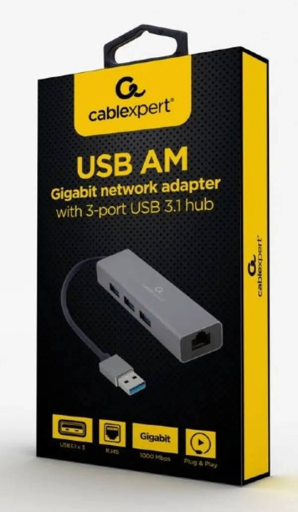 A-AMU3-LAN-01 Gembird USB AM Gigabit network adapter with 3-port USB 3.0 hub