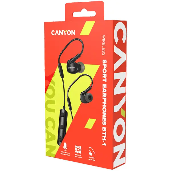 CANYON BTH-1 Bluetooth sport earphones with microphone, cable length 0.3m, 18*25*22mm, 0.028kg, Black ( CNS-SBTHS1B ) 
