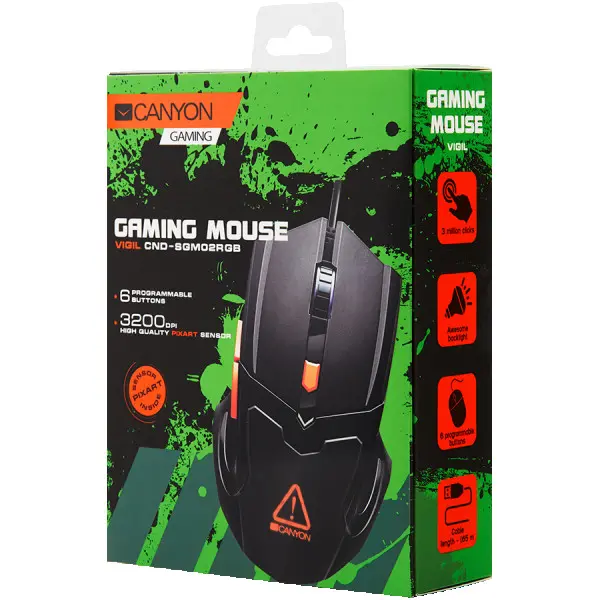 CANYON Vigil GM-2 Optical Gaming Mouse with 6 programmable buttons, Pixart optical sensor, 4 levels of DPI and up to 3200, 3 million times 