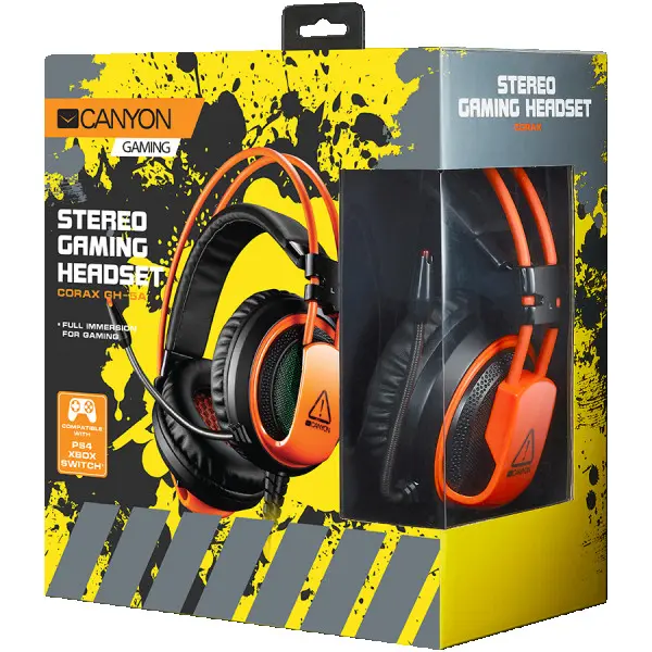 CANYON Gaming headset 3.5mm jack plus USB connector for LED backlight, light control button, adjustable microphone and volume control, with