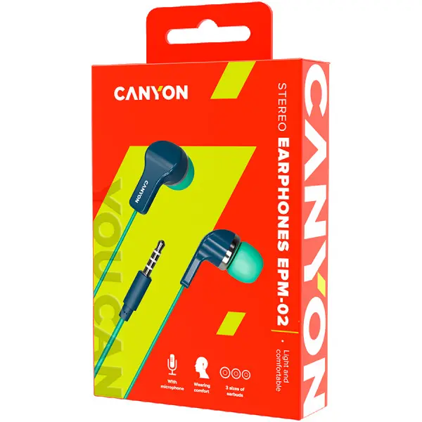 CANYON EPM-02 Stereo Earphones with inline microphone, Green+Blue, cable length 1.2m, 20*15*10mm, 0.013kg ( CNS-CEPM02GBL ) 